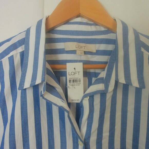 NWTS LOFT Blue & White Striped Button Front Blouse Long Sleeve Collared Top SZ L - Picture 4 of 5